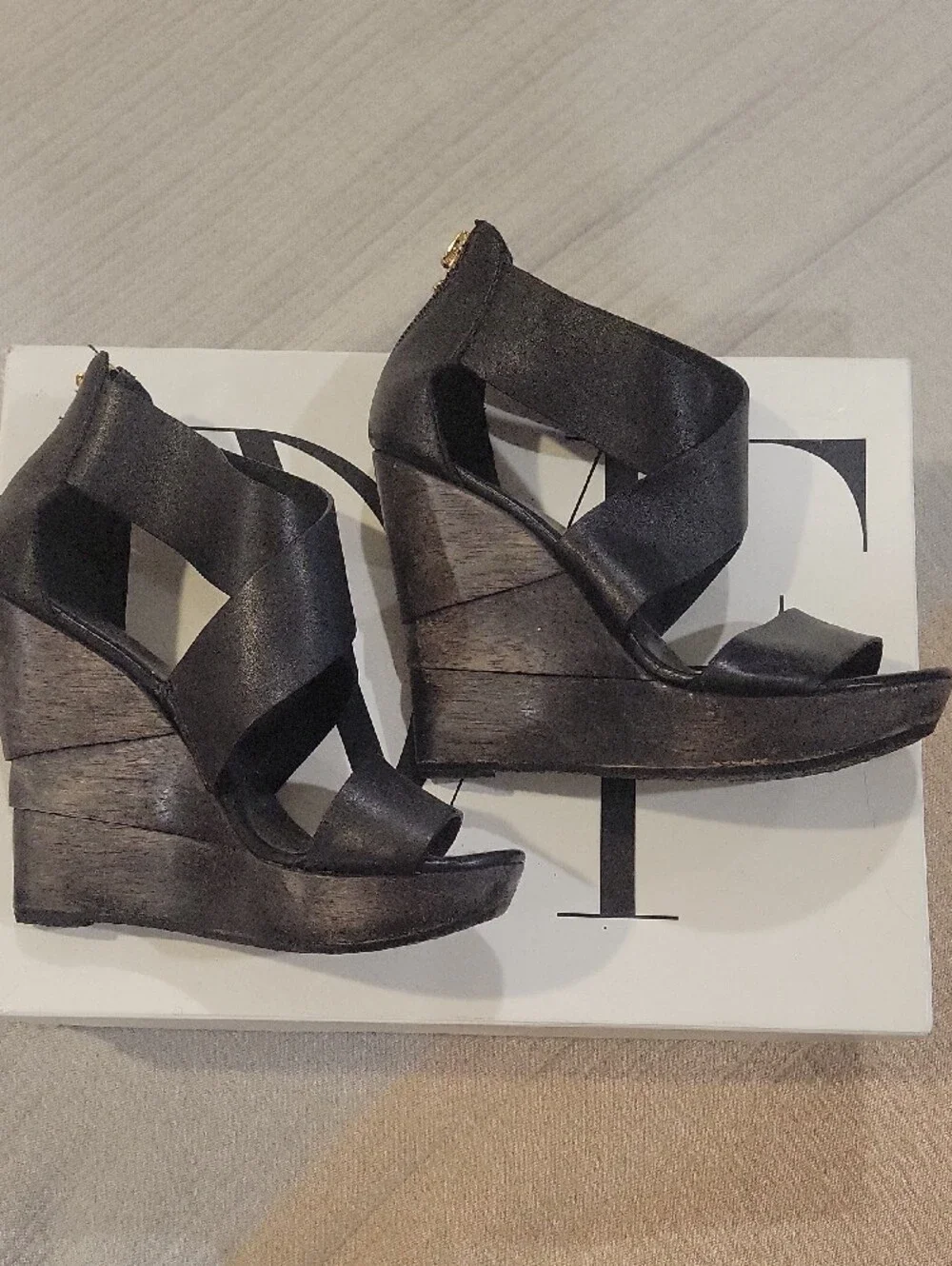 Diane Von Furstenberg Black Strappy Wedge Sandals